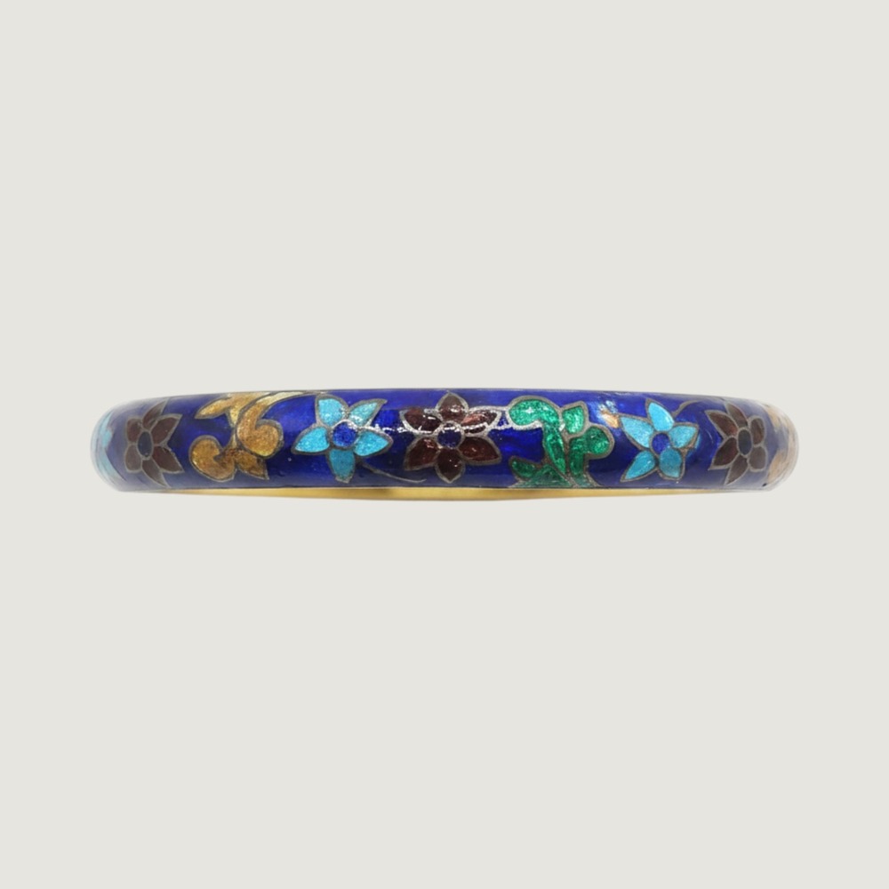 Vintage Sterling Silver Cloisonne Bangle Bracelet Blue Floral Enamel 925 7.5in